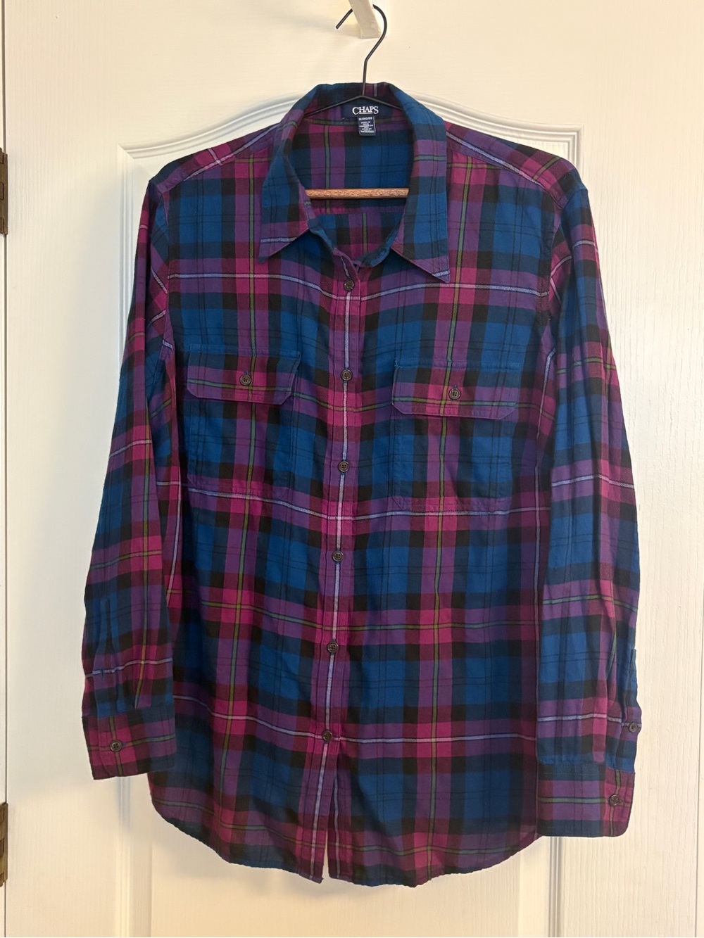 Chaps Women's 1X Plaid Flannel Button Down Shirt Blue Purple Magenta Long Sleeve